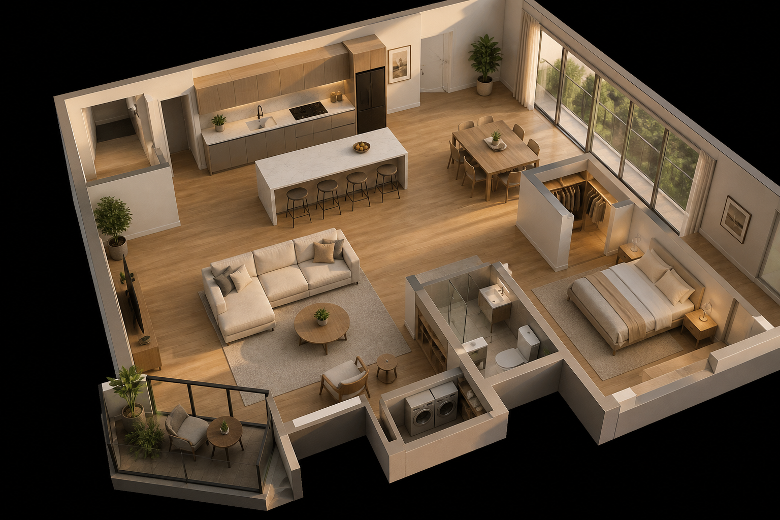 Furnished apartment interior visualized in 3D